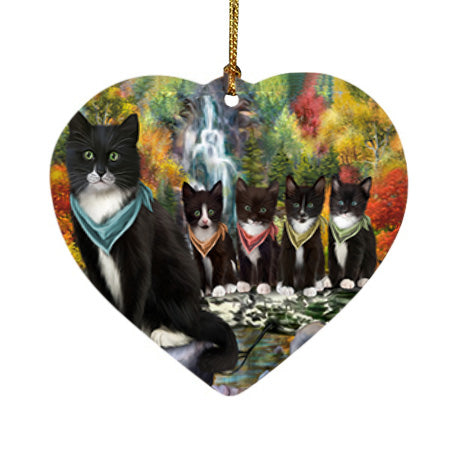 Scenic Waterfall Tuxedo Cats Heart Christmas Ornament HPOR51974