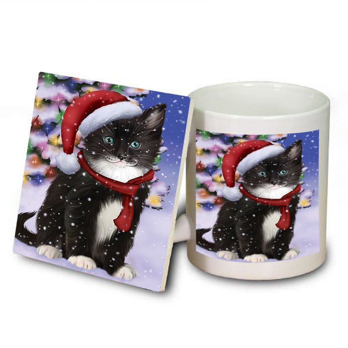 Winterland Wonderland Tuxedo Cat In Christmas Holiday Scenic Background Mug and Coaster Set MUC53777