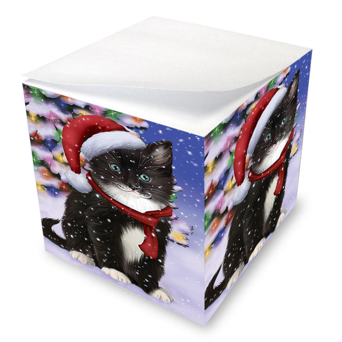 Winterland Wonderland Tuxedo Cat In Christmas Holiday Scenic Background Note Cube NOC55431