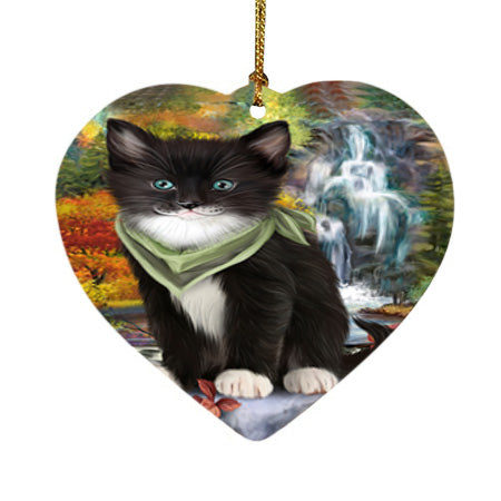 Scenic Waterfall Tuxedo Cat Heart Christmas Ornament HPOR51975