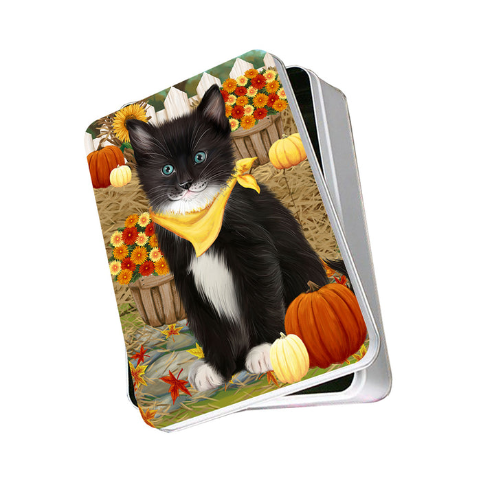 Fall Autumn Greeting Tuxedo Cat with Pumpkins Photo Storage Tin PITN52351