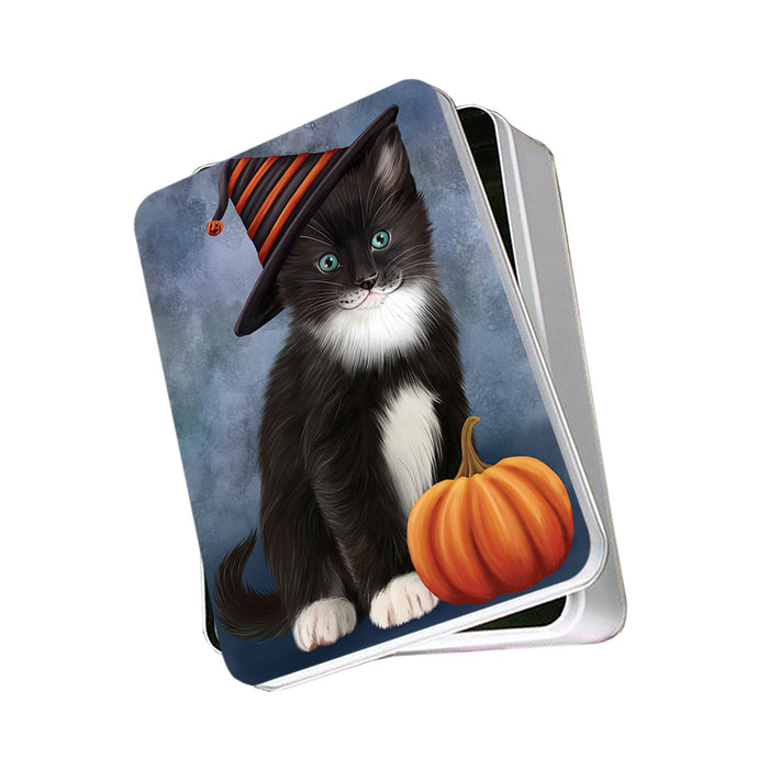 Happy Halloween Tuxedo Cat Wearing Witch Hat with Pumpkin Photo Storage Tin PITN54692