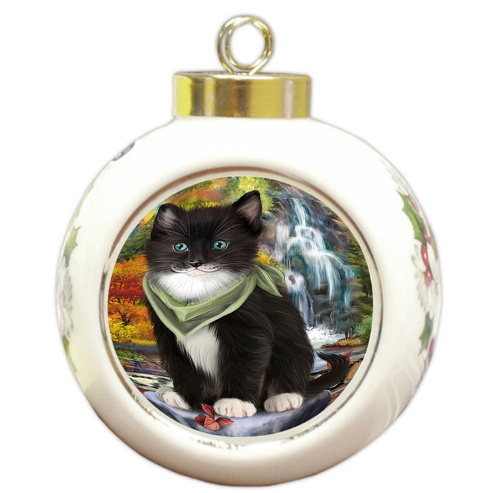 Scenic Waterfall Tuxedo Cat Round Ball Christmas Ornament RBPOR51975