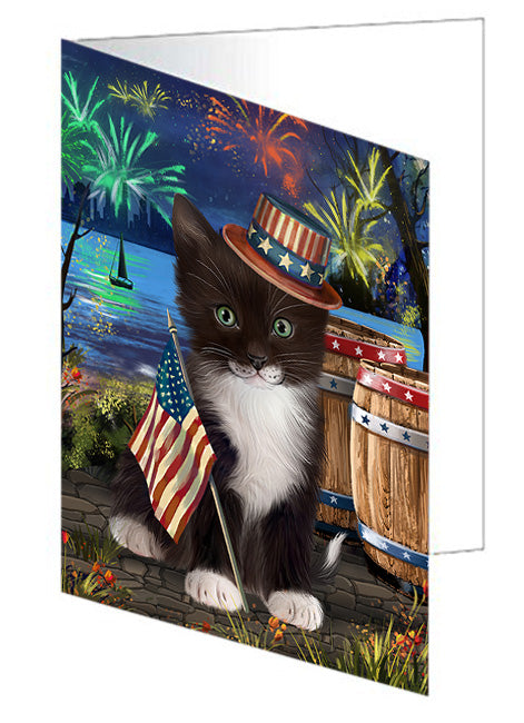 4th of July Independence Day Fireworks Tuxedo Cat at the Lake Handmade Artwork Assorted Pets Greeting Cards and Note Cards with Envelopes for All Occasions and Holiday Seasons GCD57761