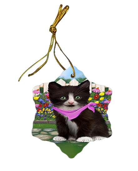 Spring Floral Tuxedo Cat Star Porcelain Ornament SPOR52272