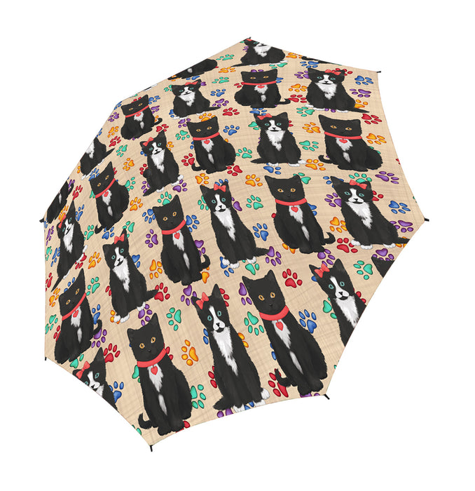 Rainbow Paw Print Tuxedo Cats Red Semi-Automatic Foldable Umbrella