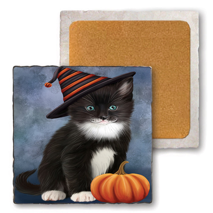 Happy Halloween Tuxedo Cat Wearing Witch Hat with Pumpkin Set of 4 Natural Stone Marble Tile Coasters MCST49749