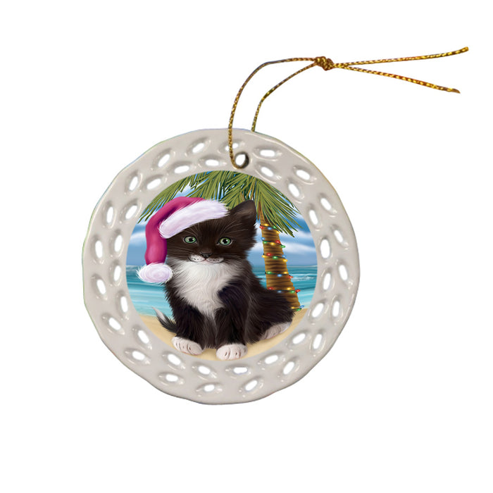Summertime Happy Holidays Christmas Tuxedo Cat on Tropical Island Beach Ceramic Doily Ornament DPOR54592