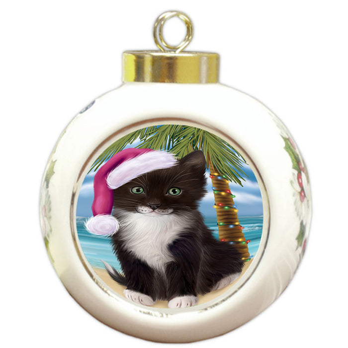 Summertime Happy Holidays Christmas Tuxedo Cat on Tropical Island Beach Round Ball Christmas Ornament RBPOR54592