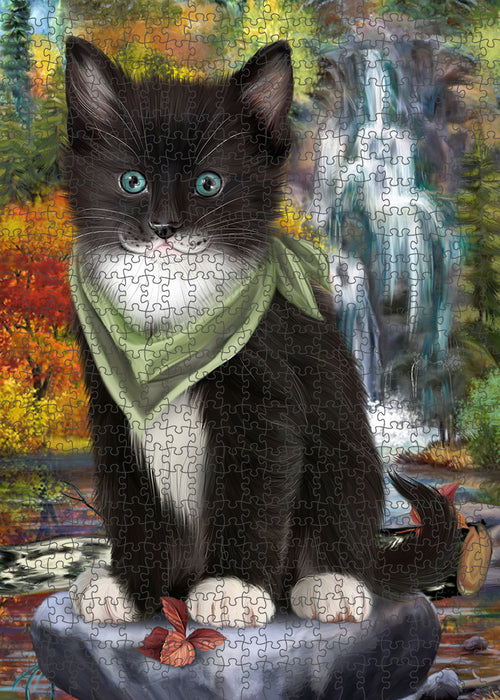 Scenic Waterfall Tuxedo Cat Puzzle with Photo Tin PUZL60012