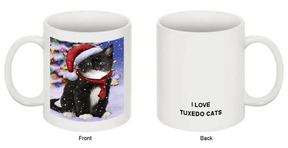 Winterland Wonderland Tuxedo Cat In Christmas Holiday Scenic Background Coffee Mug MUG49183