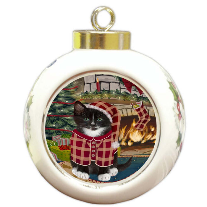 The Stocking was Hung Tuxedo Cat Round Ball Christmas Ornament RBPOR55999