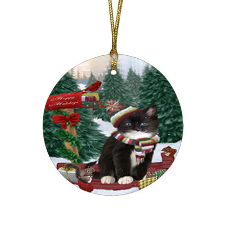 Merry Christmas Woodland Sled Tuxedo Cat Round Flat Christmas Ornament RFPOR55418