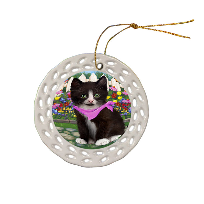 Spring Floral Tuxedo Cat Ceramic Doily Ornament DPOR52281