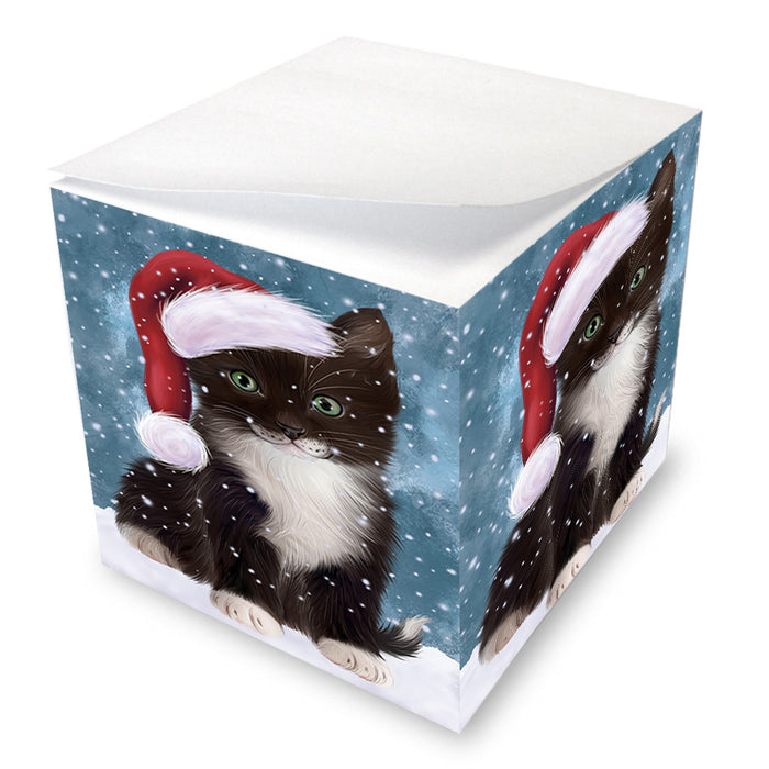 Let it Snow Christmas Holiday Tuxedo Cat Wearing Santa Hat Note Cube NOC55976