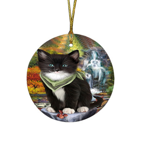 Scenic Waterfall Tuxedo Cat Round Flat Christmas Ornament RFPOR51966