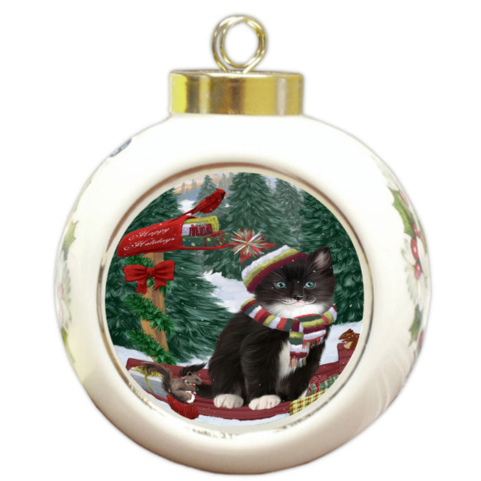 Merry Christmas Woodland Sled Tuxedo Cat Round Ball Christmas Ornament RBPOR55418