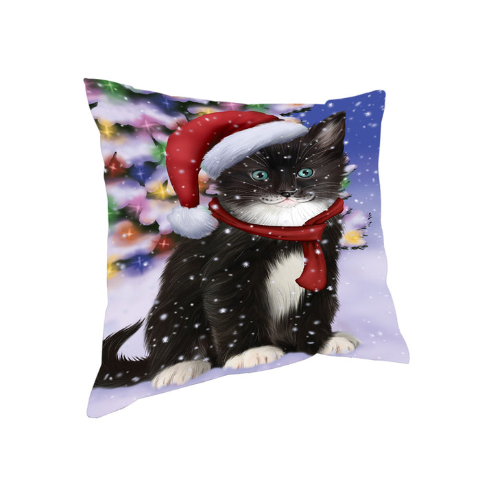 Winterland Wonderland Tuxedo Cat In Christmas Holiday Scenic Background Pillow PIL71764