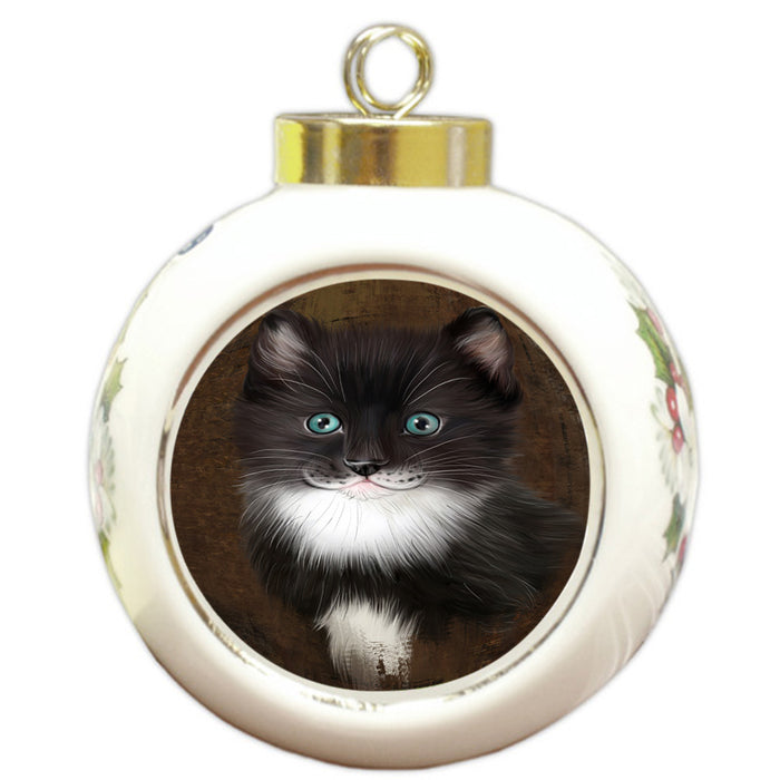 Rustic Tuxedo Cat Round Ball Christmas Ornament RBPOR54497