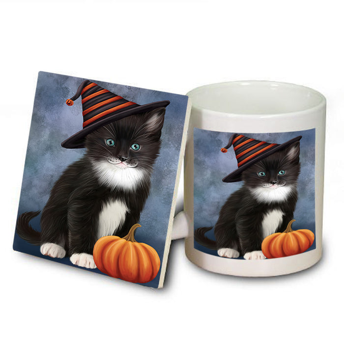 Happy Halloween Tuxedo Cat Wearing Witch Hat with Pumpkin Mug and Coaster Set MUC54741