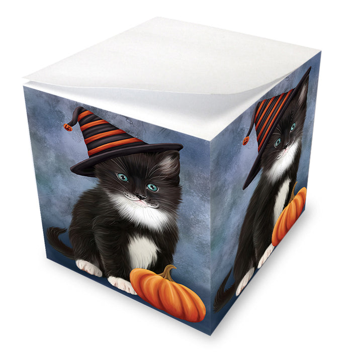 Happy Halloween Tuxedo Cat Wearing Witch Hat with Pumpkin Note Cube NOC56395