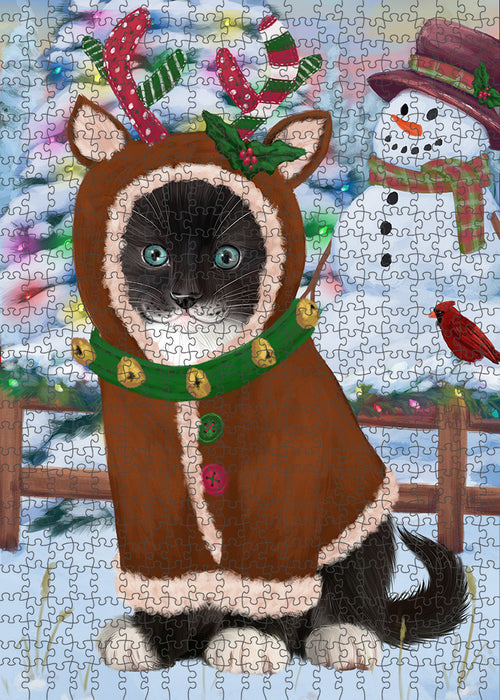 Christmas Gingerbread House Candyfest Tuxedo Cat Puzzle with Photo Tin PUZL94524