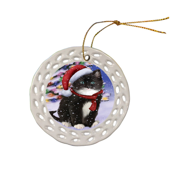 Winterland Wonderland Tuxedo Cat In Christmas Holiday Scenic Background Ceramic Doily Ornament DPOR53785