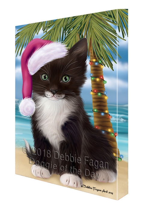 Summertime Happy Holidays Christmas Tuxedo Cat on Tropical Island Beach Canvas Print Wall Art Décor CVS109178