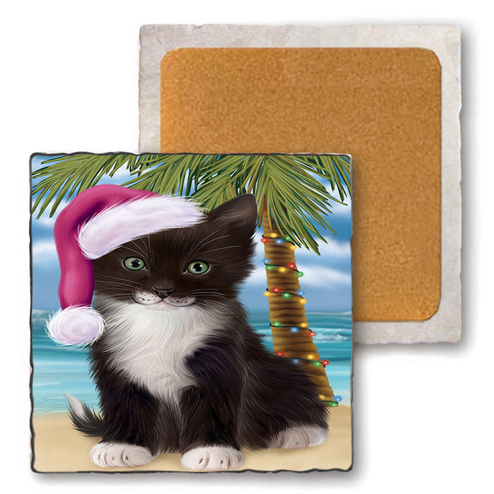 Summertime Happy Holidays Christmas Tuxedo Cat on Tropical Island Beach Set of 4 Natural Stone Marble Tile Coasters MCST49464