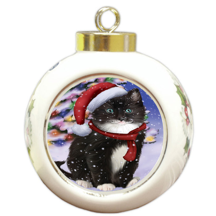 Winterland Wonderland Tuxedo Cat In Christmas Holiday Scenic Background Round Ball Christmas Ornament RBPOR53785
