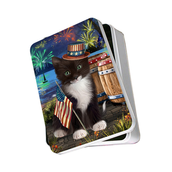 4th of July Independence Day Fireworks Tuxedo Cat at the Lake Photo Storage Tin PITN51244