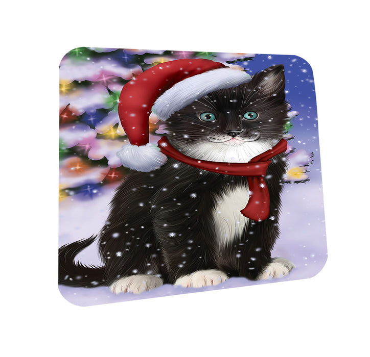 Winterland Wonderland Tuxedo Cat In Christmas Holiday Scenic Background Coasters Set of 4 CST53743