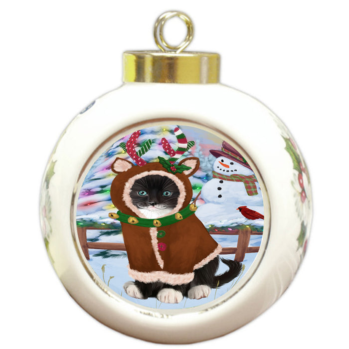 Christmas Gingerbread House Candyfest Tuxedo Cat Round Ball Christmas Ornament RBPOR56937