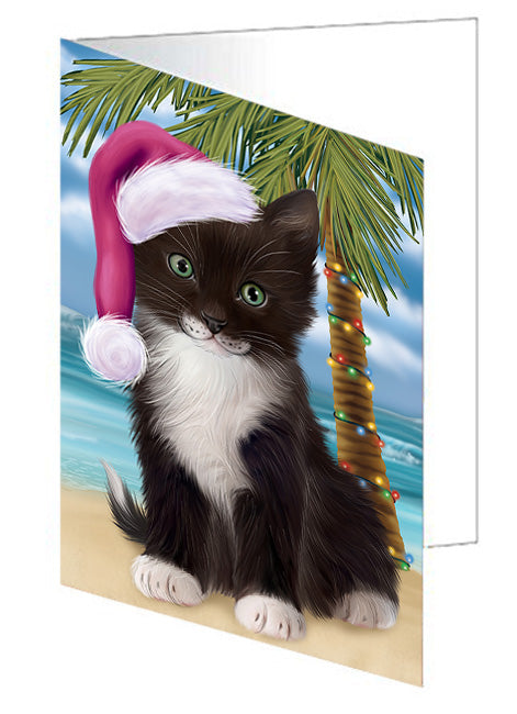 Summertime Happy Holidays Christmas Tuxedo Cat on Tropical Island Beach Handmade Artwork Assorted Pets Greeting Cards and Note Cards with Envelopes for All Occasions and Holiday Seasons GCD67805