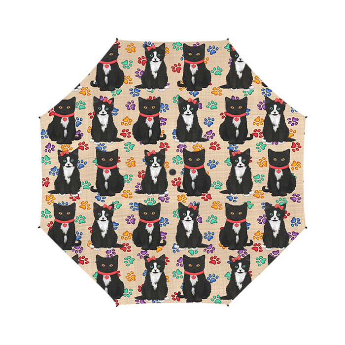 Rainbow Paw Print Tuxedo Cats Red Semi-Automatic Foldable Umbrella