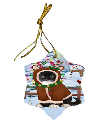 Christmas Gingerbread House Candyfest Tuxedo Cat Star Porcelain Ornament SPOR56937