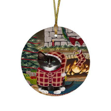 The Stocking was Hung Tuxedo Cat Round Flat Christmas Ornament RFPOR55999
