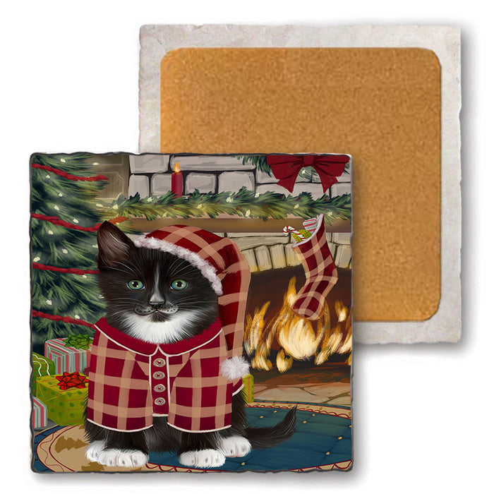 The Stocking was Hung Tuxedo Cat Set of 4 Natural Stone Marble Tile Coasters MCST50643