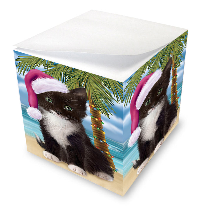 Summertime Happy Holidays Christmas Tuxedo Cat on Tropical Island Beach Note Cube NOC56110