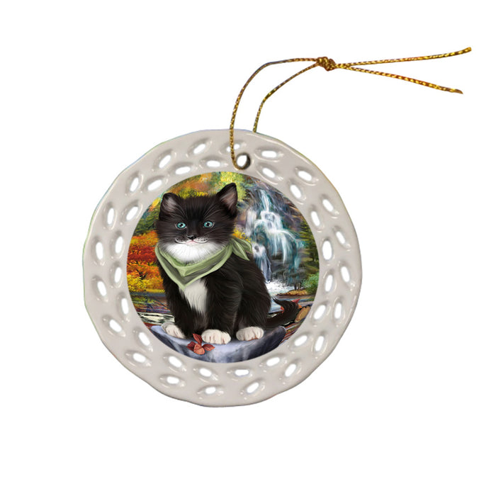 Scenic Waterfall Tuxedo Cat Ceramic Doily Ornament DPOR51975