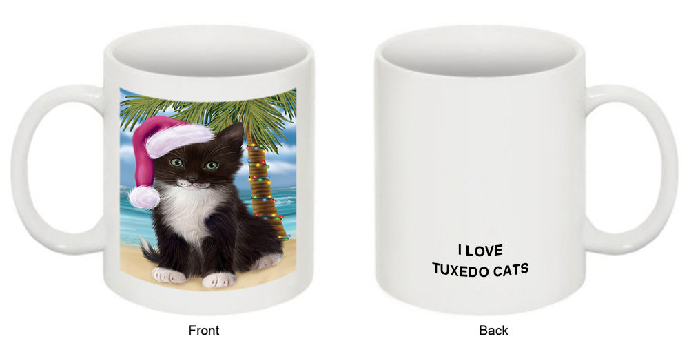 Summertime Happy Holidays Christmas Tuxedo Cat on Tropical Island Beach Coffee Mug MUG49862