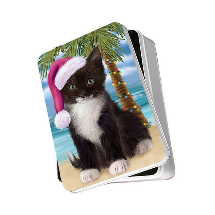 Summertime Happy Holidays Christmas Tuxedo Cat on Tropical Island Beach Photo Storage Tin PITN54407