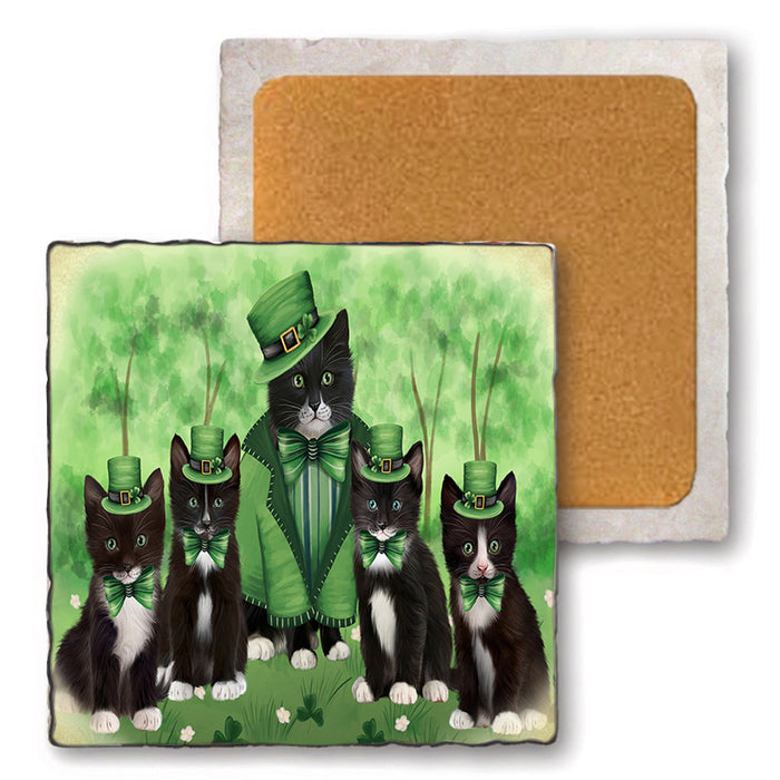 St. Patricks Day Irish Portrait Tuxedo Cats Set of 4 Natural Stone Marble Tile Coasters MCST52053