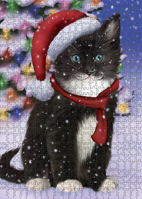 Winterland Wonderland Tuxedo Cat In Christmas Holiday Scenic Background Puzzle with Photo Tin PUZL82296