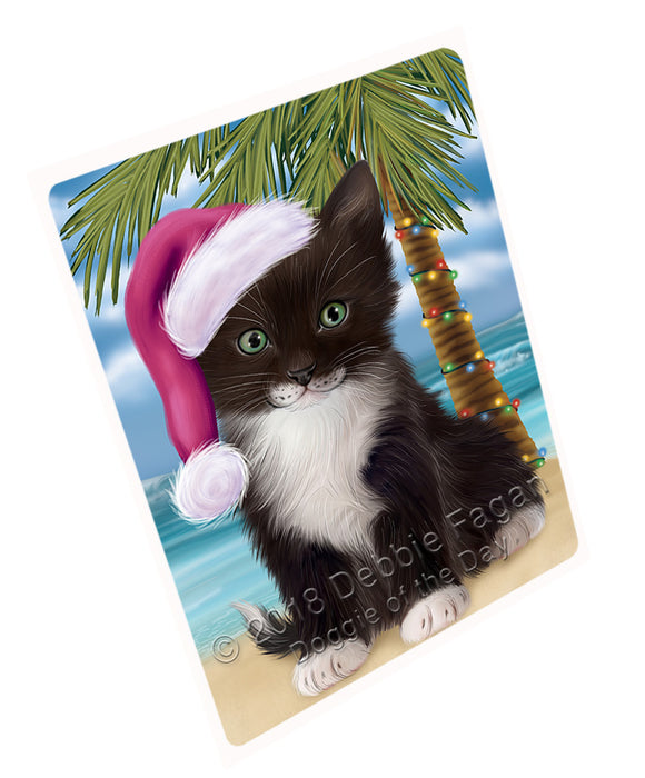 Summertime Happy Holidays Christmas Tuxedo Cat on Tropical Island Beach Large Refrigerator / Dishwasher Magnet RMAG88434