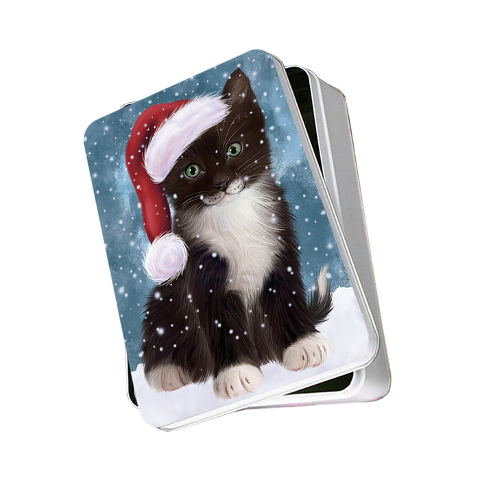 Let it Snow Christmas Holiday Tuxedo Cat Wearing Santa Hat Photo Storage Tin PITN54273