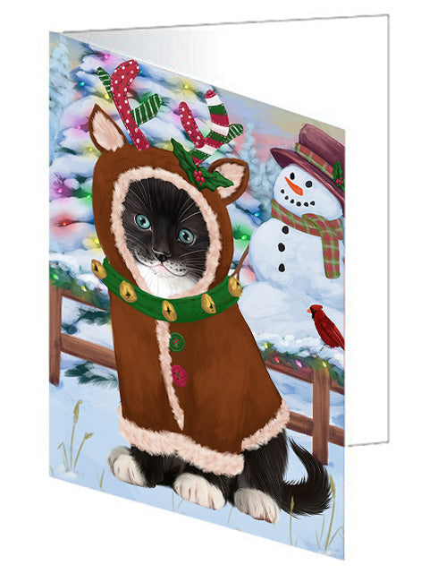 Christmas Gingerbread House Candyfest Tuxedo Cat Handmade Artwork Assorted Pets Greeting Cards and Note Cards with Envelopes for All Occasions and Holiday Seasons GCD74258