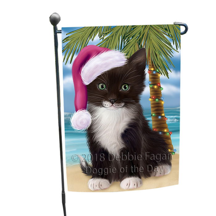 Summertime Happy Holidays Christmas Tuxedo Cat on Tropical Island Beach Garden Flag GFLG54654