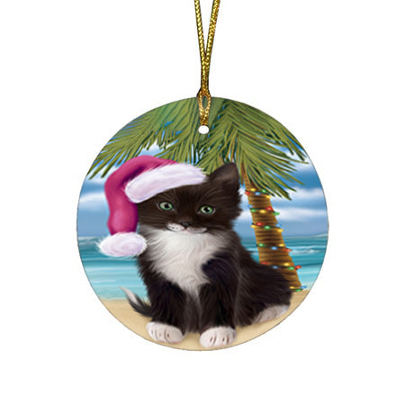 Summertime Happy Holidays Christmas Tuxedo Cat on Tropical Island Beach Round Flat Christmas Ornament RFPOR54583