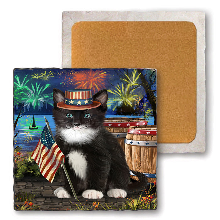 4th of July Independence Day Firework Tuxedo Cat Set of 4 Natural Stone Marble Tile Coasters MCST49102